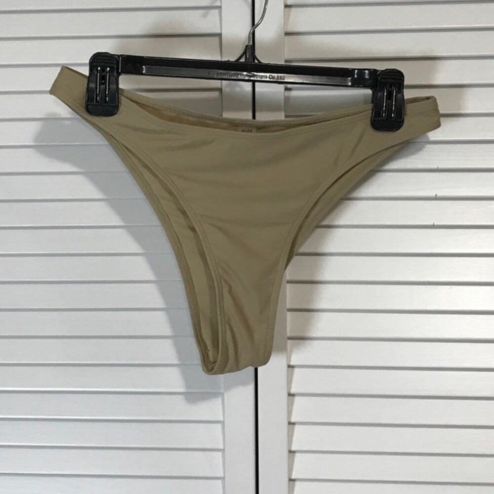 Y2K Earthy Khaki Taupe Minimalist Swimwear Low Rise High Leg Bikini Bottom L